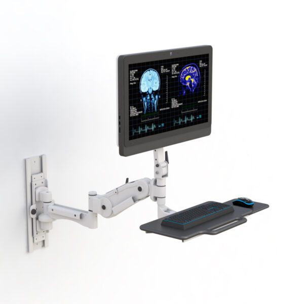 Rear perspective highlighting wall track mounting system and cable management features.