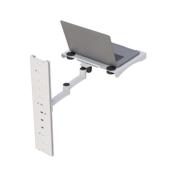 Front angled perspective of laptop cradle mounted on vertical track arm.