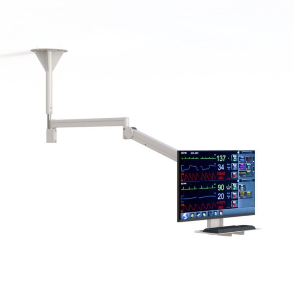 Rear perspective highlighting the VESA plate, arm pivot joints, and discreet cable routing.