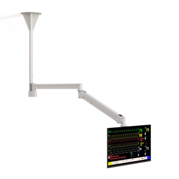 Rear angle highlighting integrated cable routing through sturdy ceiling arm joints.