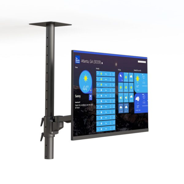 Rear perspective highlighting secured cables routed through adjustable ceiling arm.