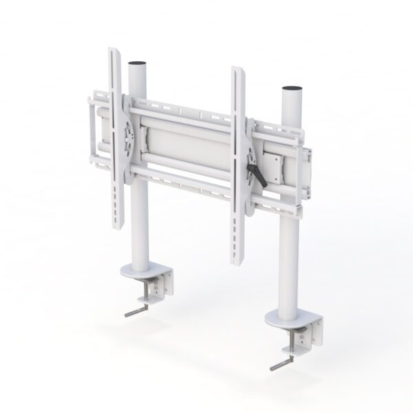 Front profile highlighting dual-pole stability, sleek finish, and monitor centered on sliding bar.