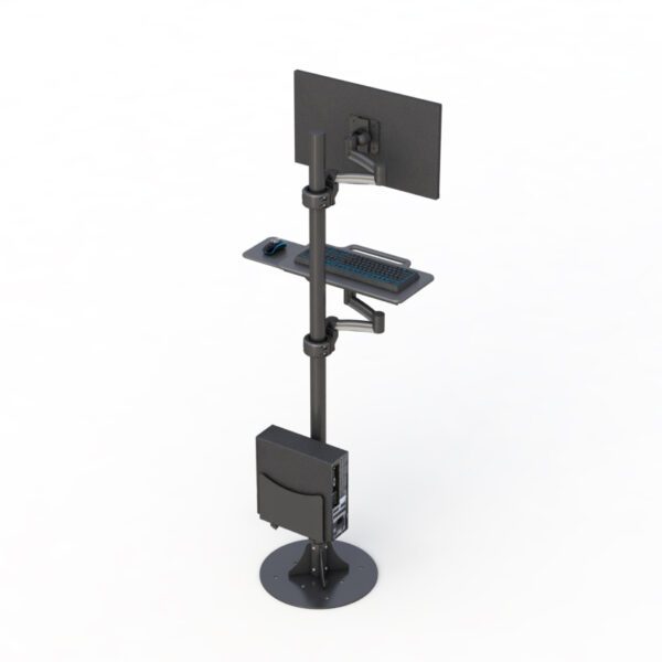 Rear angle highlighting cable routing through the pole and the Floor Plate Accessory providing secure support