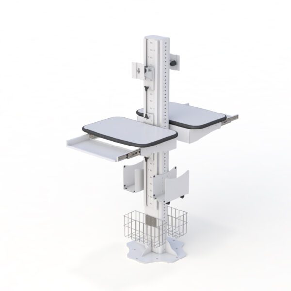 Angled shot displaying height-adjustable components for customizing ergonomic monitor set up based on user needs.