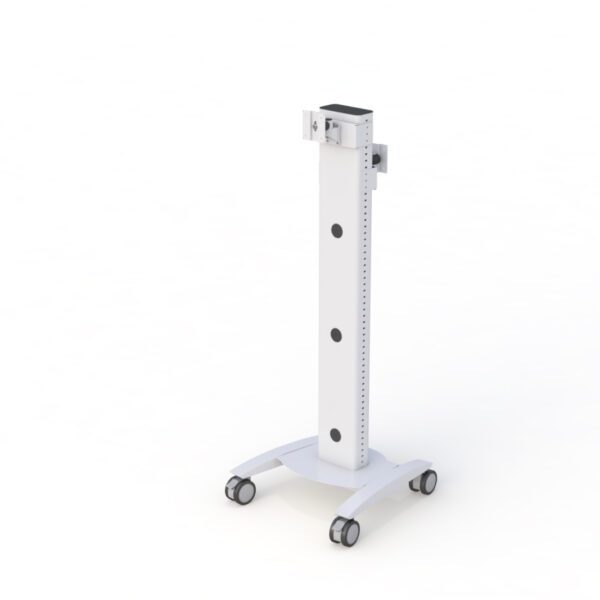 Mobile computer stand with CPU holder and VESA-compatible monitor mount for streamlined workstation setup.