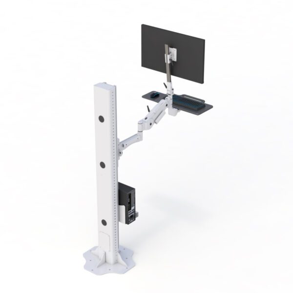 Rear angle showing cable management and screen alignment on the triple monitor desk stand clamp.