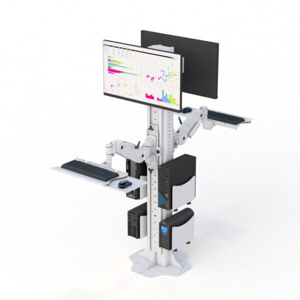 Rear perspective of the floor mounted computer stand featuring cable management and sturdy vertical support.