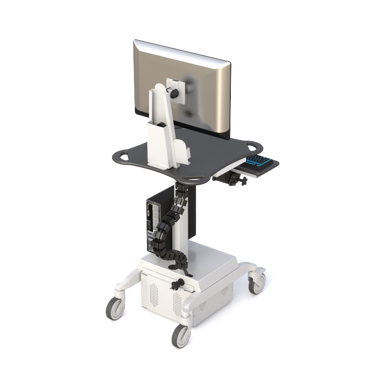 Rolling Point of Care Medical Computer Cart 3 Mobile computer cart with monitor arm, cable management chain, keyboard tray, and vented cabinet base