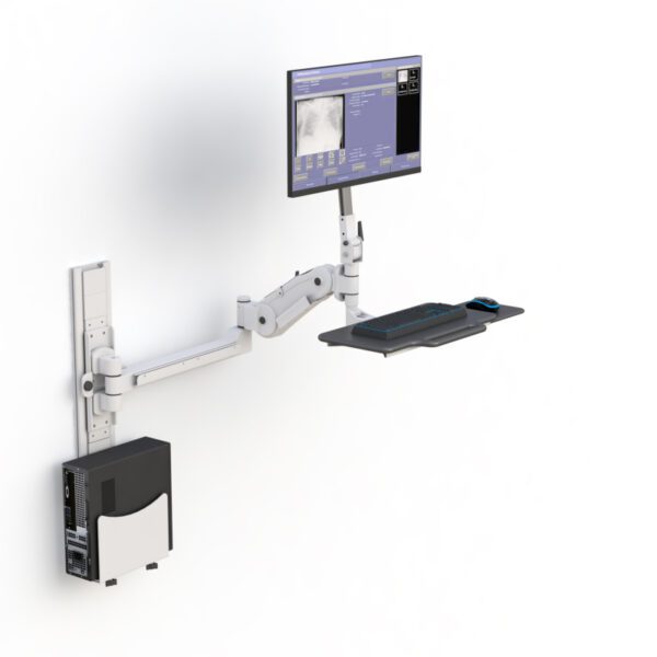 Detail shot of articulating monitor arm and vertical track mechanism in open position.
