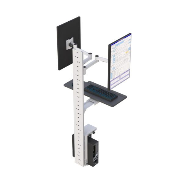 Installed in workspace, illustrating ergonomic dual-monitor setup with space-saving wall mount.