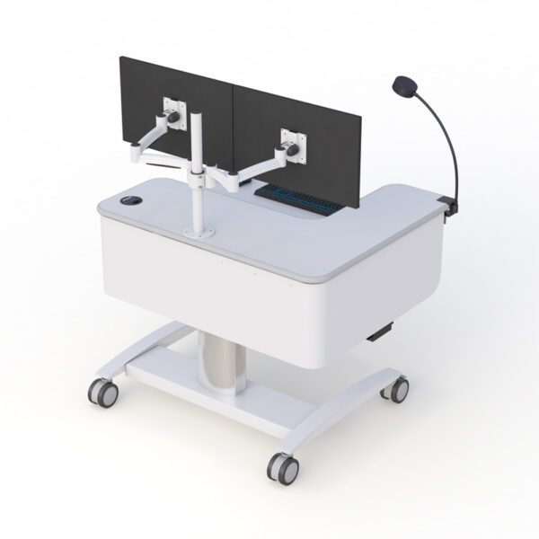 Angled shot of the cart illustrating cable management and compact, lightweight structure.