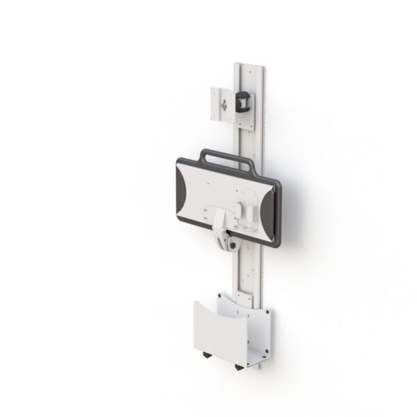 Detail shot of printer shelf and articulating monitor arm hardware attached to wall track.