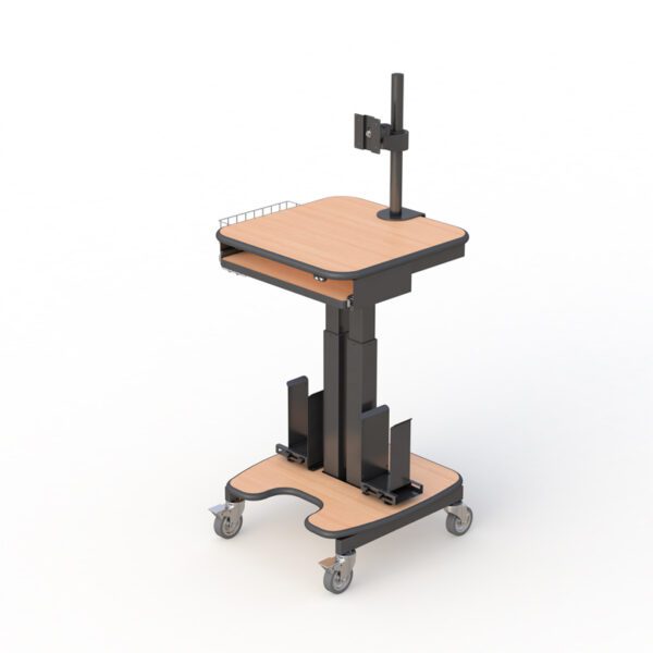Rear view displaying power strip holder, durable frame, and smooth-rolling caster wheels.