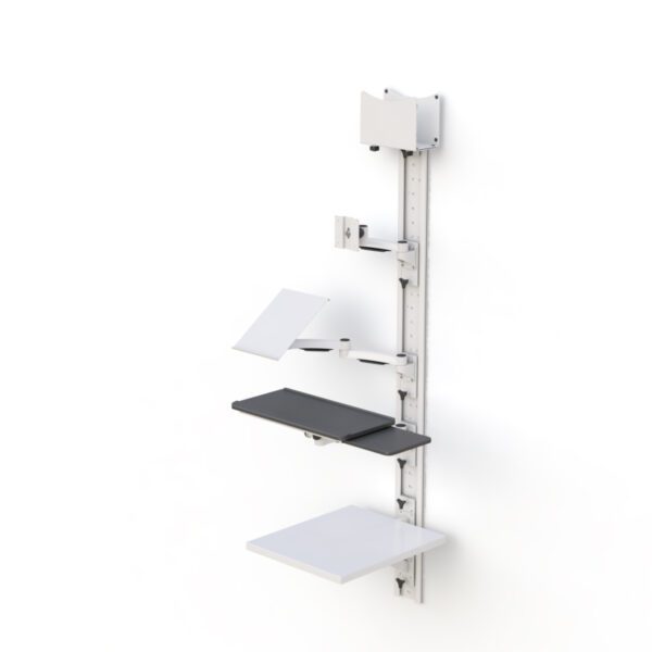 Detail shot of articulating arm joints and sturdy vertical track system supporting equipment.