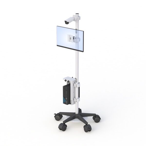 Rear perspective showing integrated power strip holder, cable hooks, and storage tray.