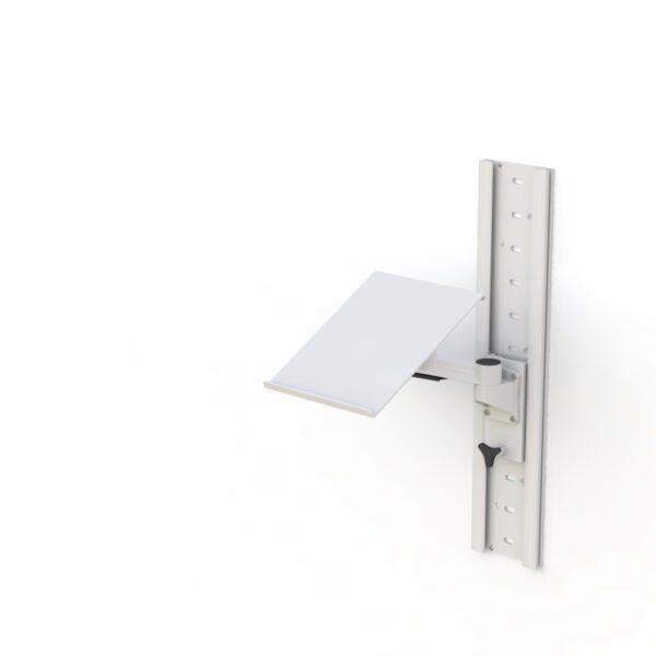 Rear perspective highlighting wall track bracket and compact foldable arm.