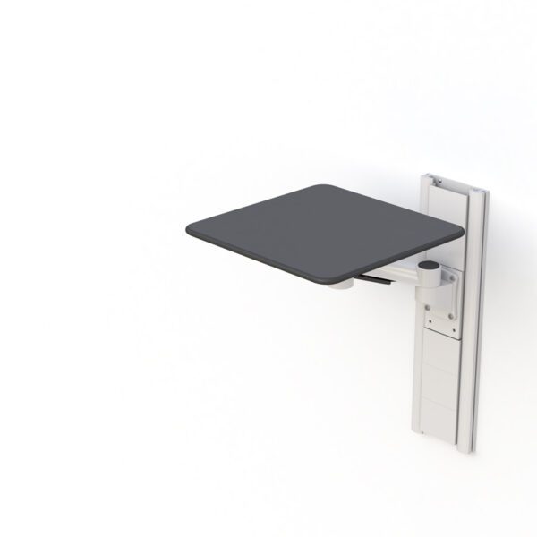 Z-arm shelf holding medical equipment, mounted above a workstation.