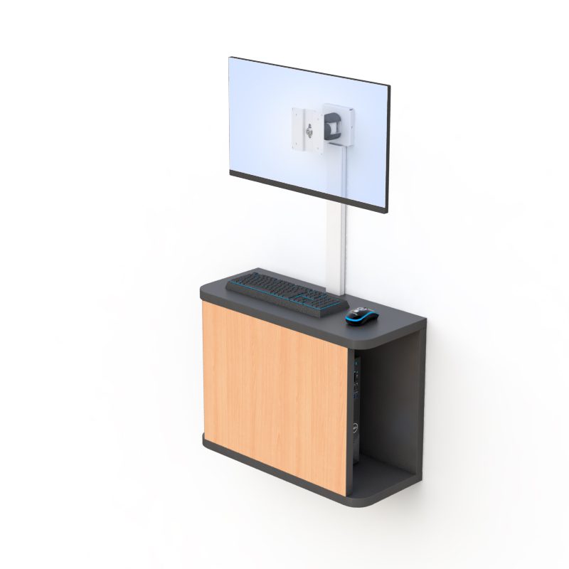 Front view of workstation combo with monitor arm positioned and keyboard tray extended.