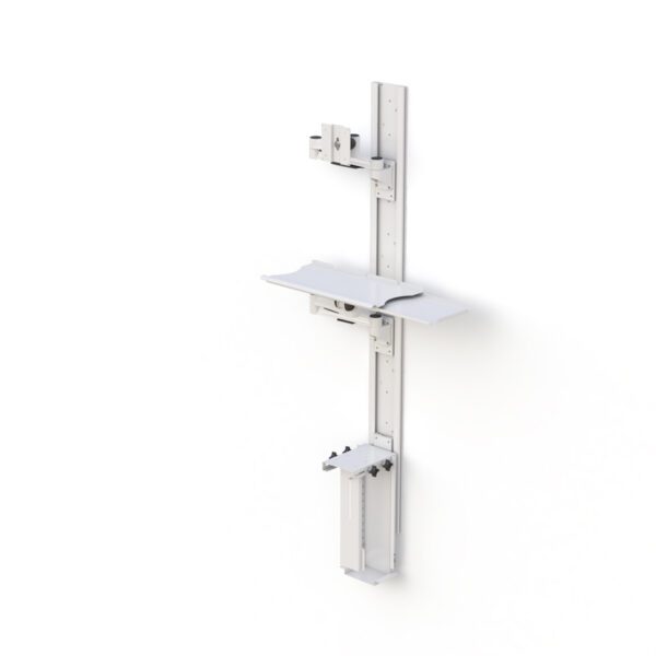 Angled perspective highlighting track mount, articulating arm, and compact workspace setup.