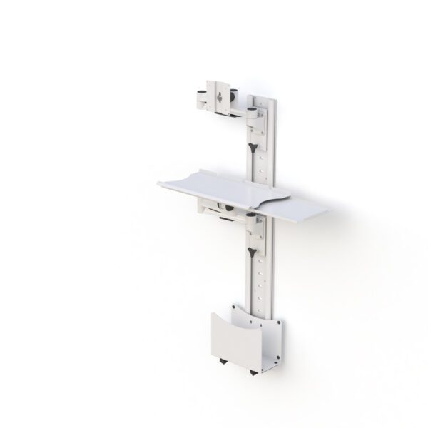 Detail shot of gas‑spring lever and height adjustment mechanism on wall mount track.