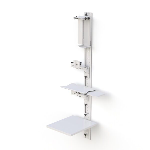 Angled shot demonstrating full extension of monitor arm and printer shelf.