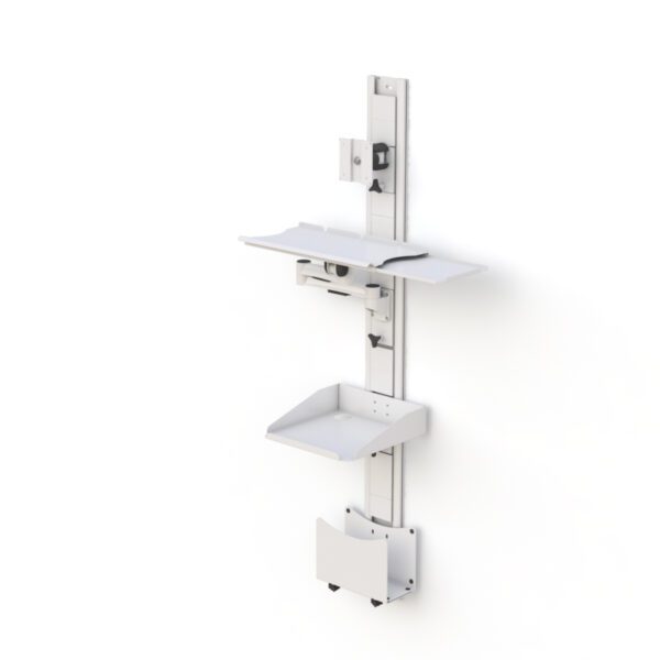 Angled shot demonstrating full range of motion and ergonomic positioning of monitor and tray.