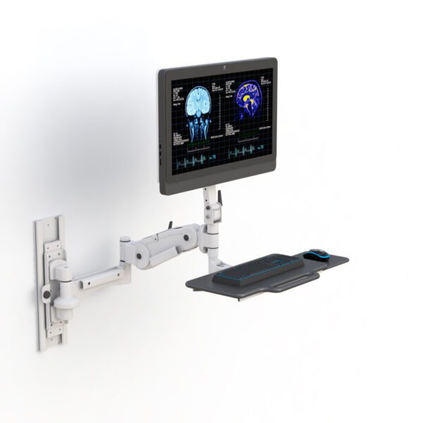 Angled shot demonstrating full range of motion and ergonomic positioning of monitor and tray.