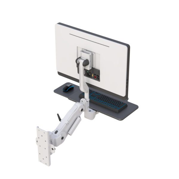 Angled shot demonstrating full range of motion and ergonomic positioning of monitor and tray.