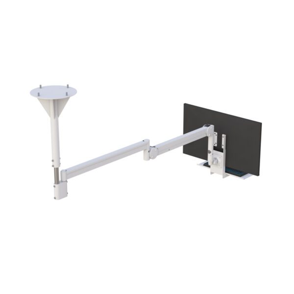 Angled shot of ceiling canopy, full‑range articulating arm, and mounted monitor overhead.