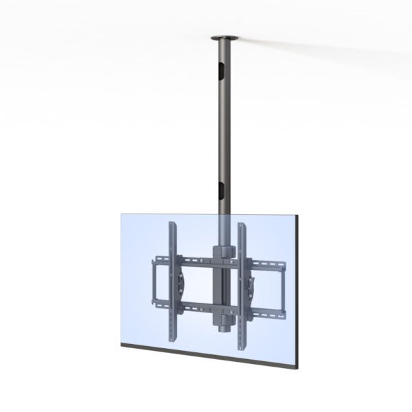 Angled shot showing ceiling canopy, dual-joint arms, and monitor positioned at eye level.