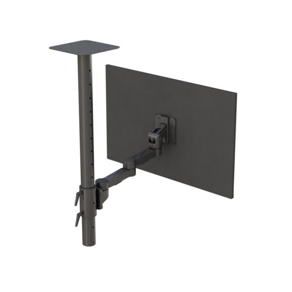 Angled view displaying full range of motion capability and sleek ceiling canopy.