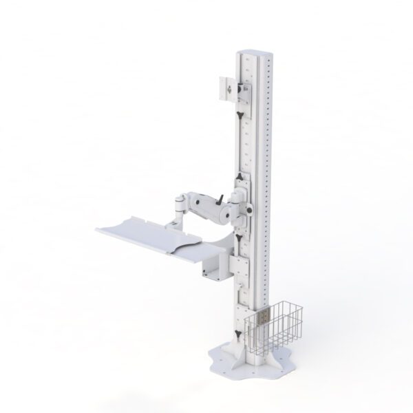 Diagram view illustrating adjustable arm height, keyboard tray, and integrated computer components.