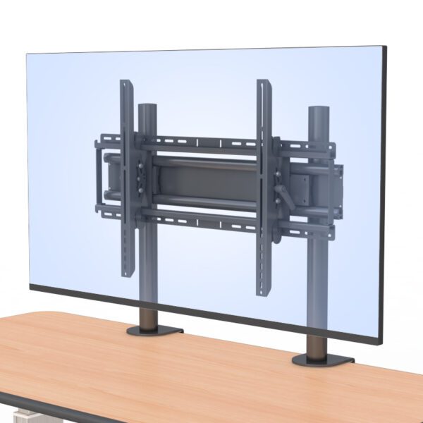 Wide shot of desk setup with monitor stand installed, illustrating cable routing and ergonomic height.