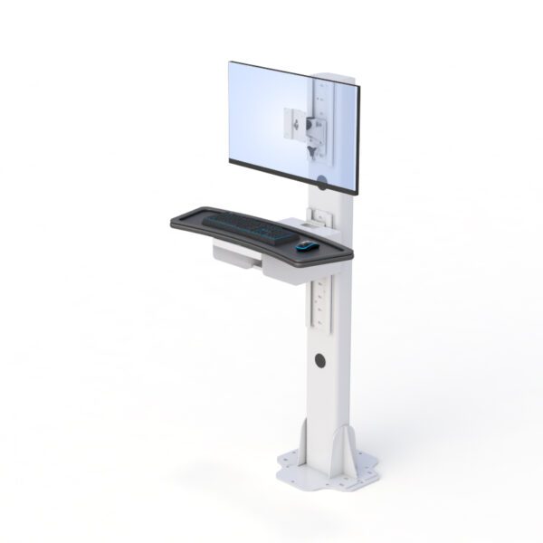 Angled shot of the stand highlighting its steel base, cable management, and durable floor-mounted structure.