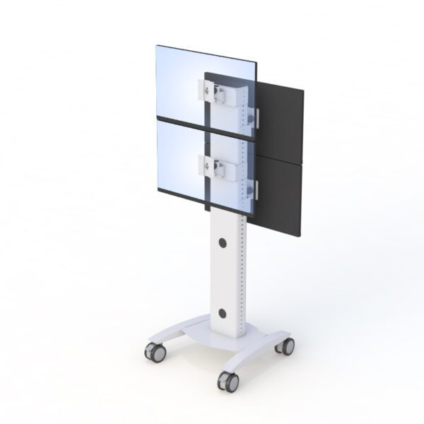 Rear angle of workstation desk on wheels displaying built-in cable management and sturdy wheelbase.