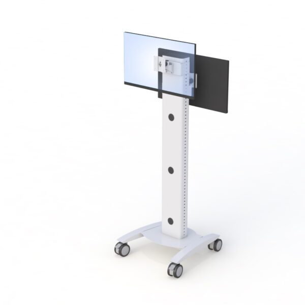 Fully assembled mobile computer stand designed for medical, industrial, or office environments with flexible mobility.