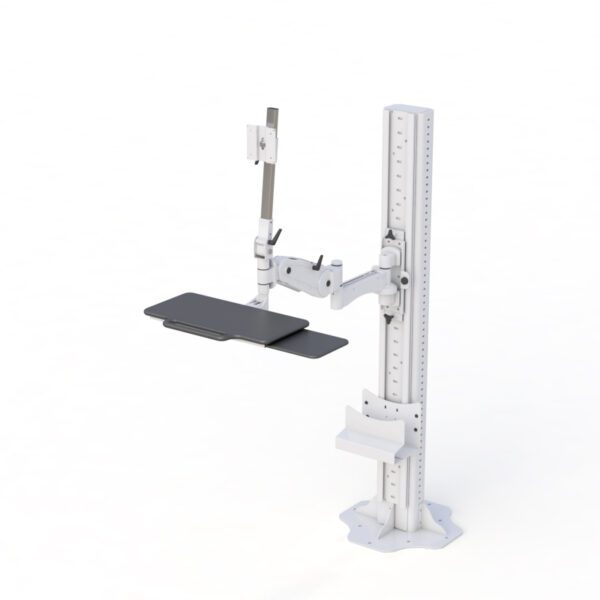Close-up of clamp mechanism securing the triple monitor stand to the edge of the industrial workstation.