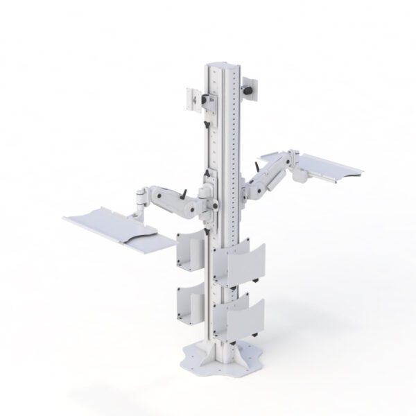 Close-up of CPU holder attached to the floor mounted computer stand’s base with secure metal brackets.