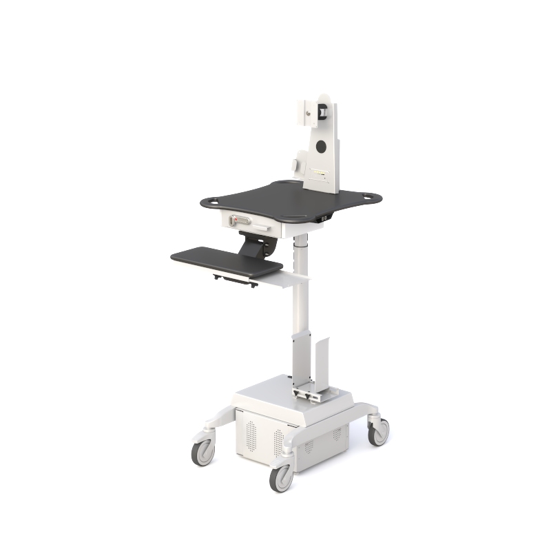 Rolling Point of Care Medical Computer Cart 4 Mobile cart frame with monitor mount arm, keyboard tray, and vented cabinet base on casters