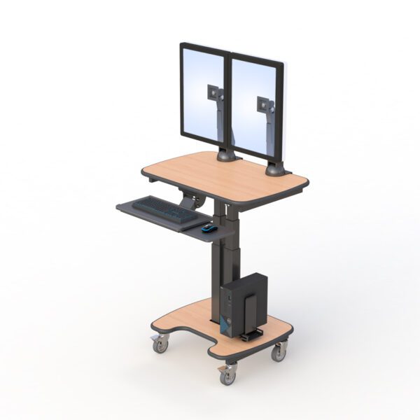 Medical computer cart in clinical setting demonstrating compact design and workstation functionality