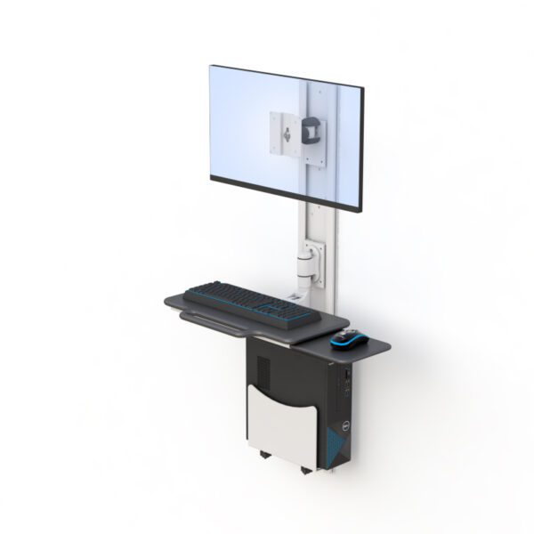 Installed in a medical workspace, illustrating compact wall-mounted setup with equipment in use.