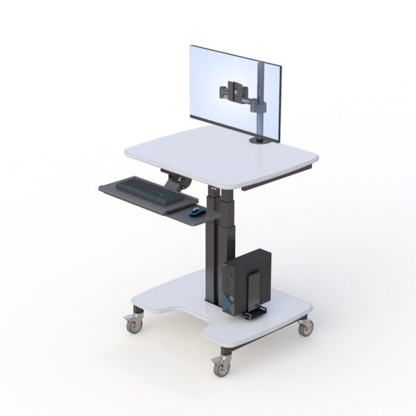 Contextual image of the mobile computer stand in a clinical environment demonstrating medical utility.