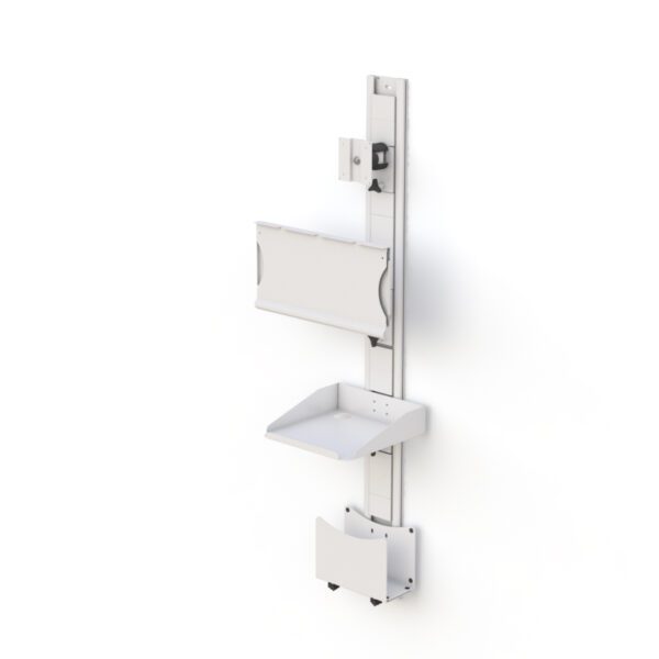 Installed in workspace, illustrating space-saving design with printer shelf and CPU holder.