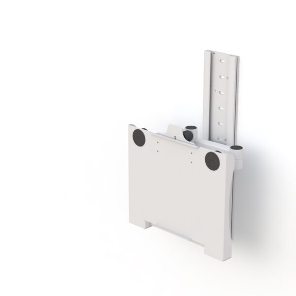 Installed in workspace, highlighting compact storage as tray folds flat when not in use.