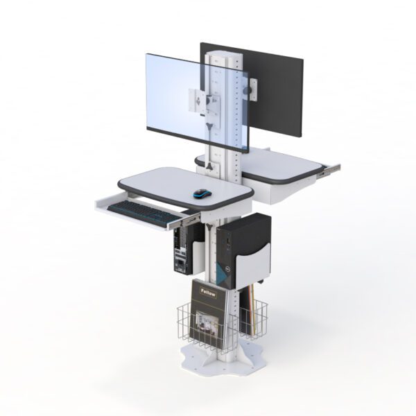 Side view showing the monitor mount, keyboard tray, and CPU holder in an ergonomic monitor set up configuration.