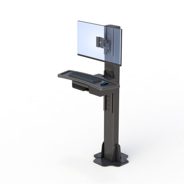 Side view of the floor computer stand featuring an adjustable monitor mount and spacious keyboard tray.