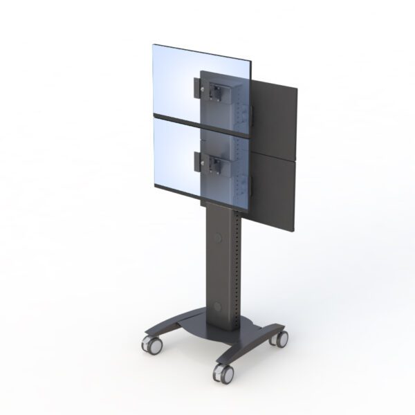 Mobile computer workstation desk with height-adjustable pole and dual shelves for equipment organization.
