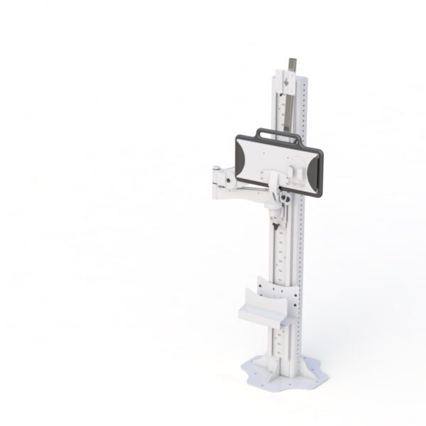 Side profile of adjustable triple monitor desk stand clamp showing arm articulation and clamp base.