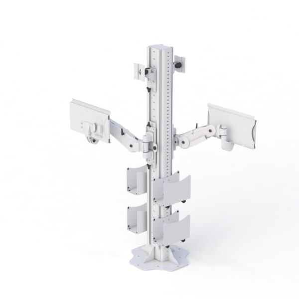 Side angle of the floor mounted computer stand highlighting the adjustable tray and equipment shelves.