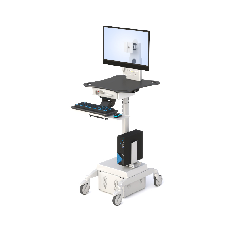 Rolling Point of Care Medical Computer Cart 5 Medical imaging cart with monitor mount, articulating keyboard tray, and vented lower cabinet on casters